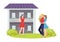 Buying property house real estate to young family vector illustration. Happy clients have bought house and receive keys