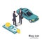 Buying or renting a car. Two businessmen on a deal when selling cars