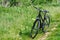 Bycicle parked near bushes in the nature on a country road