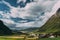 Byrkjelo Village, Sogn Og Fjordane County, Norway. Beautiful Sky Above Norwegian Rural Landscape. Bergheimsvatnet Lake