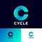 C letter monogram. Cycle logo. Blue logo with vortex dynamic element on a different backgrounds.