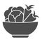 Cabbage and carrots in a plate solid icon. Healthy vegetables in bowl glyph style pictogram on white background. Fresh