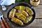 Cabbage leaves stuffed with rice, minced meat in tomato sauce.