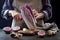 Cabbage and watermelon radish kimchi ingredients. Woman cutting purple cabbage for kimchi. Fermented probiotic food for gut health