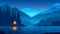 Cabin built along the shores of a lake or river with the background of mountain ranges at night. Cartoon evening