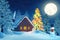Cabin, Christmas tree and snowman in winter at night