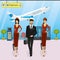 Cabin crew walks on an airport with luggage,pilot and stewardess