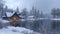 Cabin by lake, snowy shore. Generative AI