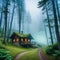 A cabin in the middle of a forest with fog and trees on the mountain side and a foggy sky above with a path leading to a