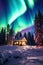 A cabin in the snow with a bright aurora borealis, AI