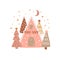 Cabin snow. Christmas caboin in snow. Cute countryside house with Christmas tree covered snow. Cozy winter cabin isolated graphic