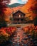 a cabin surrounded by fall foliage in the mountains