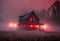 a cabin surrounded by fog