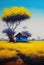 Cabin under a big tree in the savannah with yellow grasses. Generative AI.