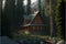 a cabin in the woods with a dock and a mountain in the background with a lake and trees in the foreground