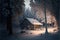 a cabin in the woods is lit up by a light on the roof of the cabin and the snow is covering the ground