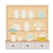 A cabinet with dishes with a vector illustration of dishes. Shelves in the kitchen