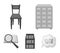 Cabinet with filing cabinet, chair, shelves, information search. Library and bookstore set collection icons in