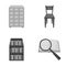 Cabinet with filing cabinet, chair, shelves, information search. Library and bookstore set collection icons in