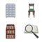 Cabinet with filing cabinet, chair, shelves, information search. Library and bookstore set collection icons in cartoon