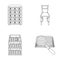 Cabinet with filing cabinet, chair, shelves, information search. Library and bookstore set collection icons in outline