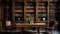 A cabinet with a massive oak table, book shelves and a soft chair