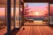 cabins glass sliding doors leading to a wooden deck, magazine style illustration