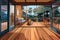 cabins glass sliding doors leading to a wooden deck, magazine style illustration