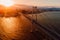 Cable bridge with sunset in Florianopolis, Brazil. Aerial view