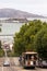Cable car and Alcatraz Island in San Francisco