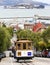 Cable car and Alcatraz Island in San Francisco