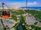 Cable car cabin close-up rides over a bright panorama of Antalya Turkey. Beautiful seascape of Turkish Riviera from cable car,