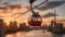 The cable car crosses the Thames of London during sunset with skyline scenery, Generative AI