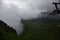 Cable car in foggy mountain forest in Tatry mountains, near Zakopane, Poland