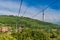 Cable car leading to Kok Tobe mountain above Almaty, Kazakhstan. Almaty Television Tower visibl