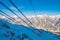 Cable car line of Tateyama Kurobe alpine  in sunshine day with  blue sky background is one of the most important and popular