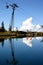 Cable car reflected in mountaintop lake