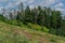 cable car with seats among coniferous trees in green forest on hill in mountains, summer blue sky with clouds