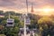 Cable car on Sparrow Hills at sunset, Moscow, Russia. Cableway cabins move over park, main building of Moscow State University in