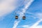 Cable cars on blue sky background in Lisbon, Portugal