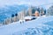 Cable cars and chalet in Zillertal ski resort Tyrol Austria