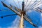 Cable ladders, mast and ropes of a sailing ship against the blue sky. Concept of travel, adventure and sea.