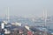 Cable-stayed bridge across the Golden horn Bay from Cape Churkin in Vladivostok in the winter in the haze