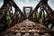 Cable-Stayed Bridge. old rusty aged railroad bridge over a river. blue sky