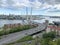 Cable-stayed bridge over Zolotoy Rog Golden horn Bay and Churkin Cape in Vladivostok in may in evening, Russia