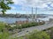 Cable-stayed bridge over Zolotoy Rog Golden horn Bay and Churkin Cape in Vladivostok in may in evening, Russia