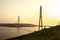 Cable-stayed bridge `Russky Bridge` to island Russkiy on the sunset. Vladivostok, Primorsky Krai, Russia