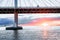 Cable-stayed bridge Western high speed diameter across Peter fairway in St. Petersburg at sunset, Russia