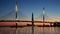 Cable-stayed Western high-speed diameter bridge over the Petrovsky fairway and the Lakhta center tower at sunset, Saint Petersburg