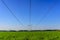 Cables of a high-voltage power line and supports over a green field in the early summer morning